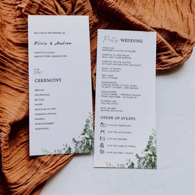 Plantilla de programa de ceremonias de Boda de ver (Greenery Wedding Ceremony Program Template)