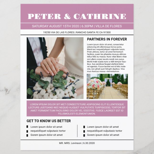 Plantilla de programa de periódico boda (Anverso)