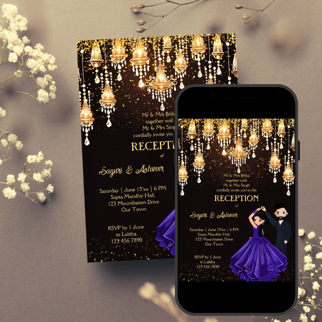 Plantilla de recepción de moda para parejas indias (Dancing Indian couple chic wedding reception template invitation digital download gold glitter)