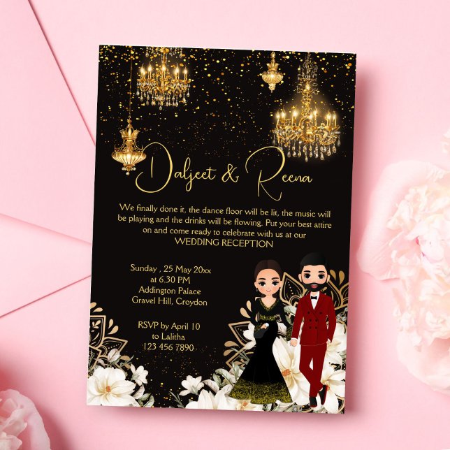 Plantilla de recepción de moda para parejas indias (Dancing Indian couple caricature chic reception invitation editable template digital download)