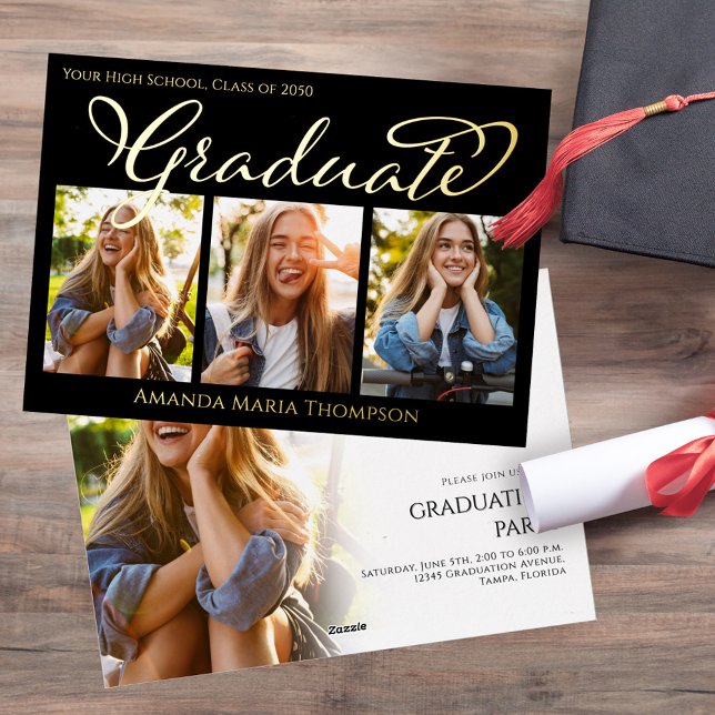 Plantilla de Relieve metalizado dorado de Collage  (Gold foil graduation photo collage invitation template. )