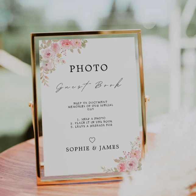 plantilla de Rótulo de guiadores de fotografías de (Rose Wedding Photo Guestbook Sign Template, Invitation)