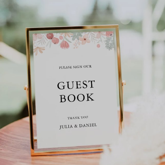 Plantilla de Rótulo de libro de invitado Boda de f (Wildflower Wedding Guest Book Sign Template)