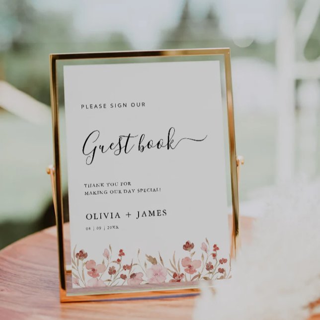 Plantilla de Rótulo de libro de invitado Boda de f (Wildflower Wedding Guest Book Sign Template)