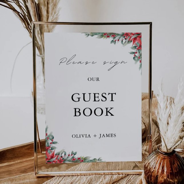 Plantilla de Rótulo de libro de invitado Boda de n (Christmas Wedding Guest Book Sign Template)
