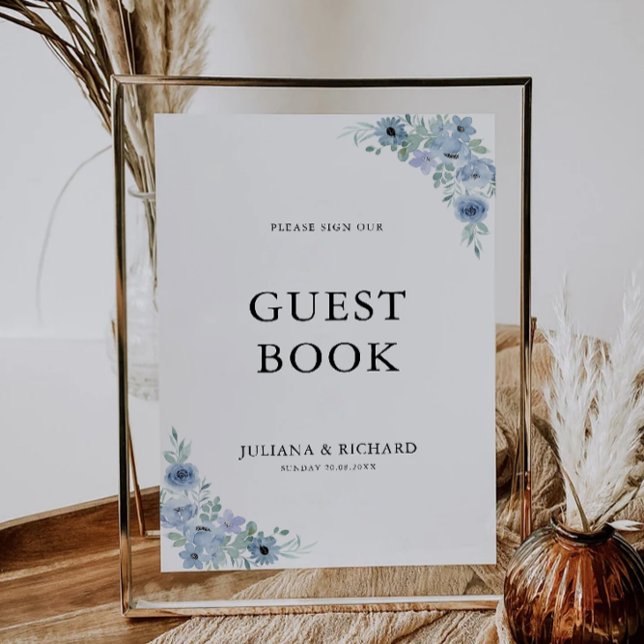 Plantilla de Rótulo de libro de invitado de Boda a (Blue Wedding Guest Book Sign Template)