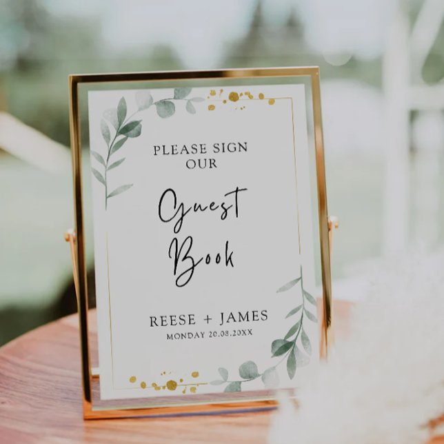 Plantilla de Rótulo de libro de invitado de Boda d (Greenery Wedding Guest Book Sign Template)