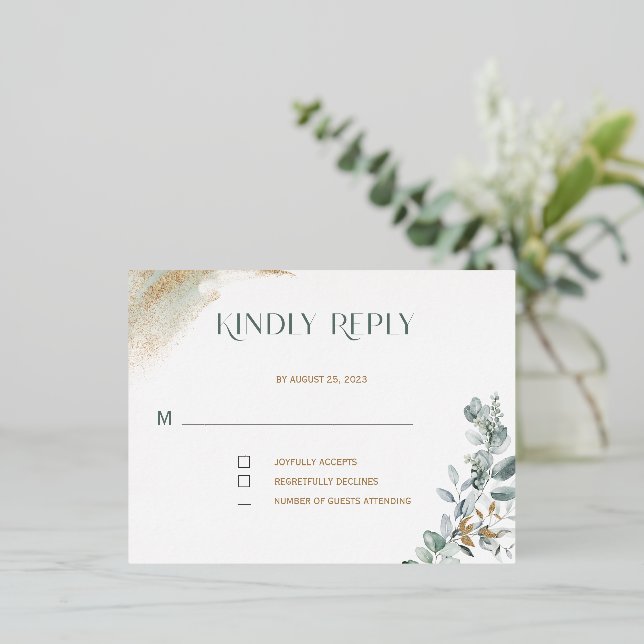 Plantilla de RSVP personalizada en oro y verde (Anverso de pie)