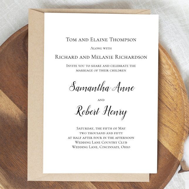 Plantilla de script clásico simple en blanco y neg (Simple black and white calligraphy script wedding invitation.)