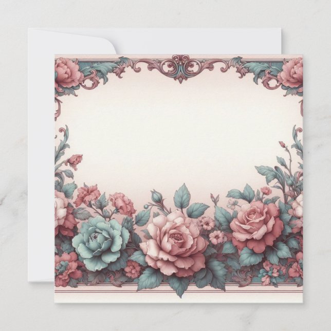 Plantilla de tarjeta blanca floral, turquesa Rosa  (Anverso)