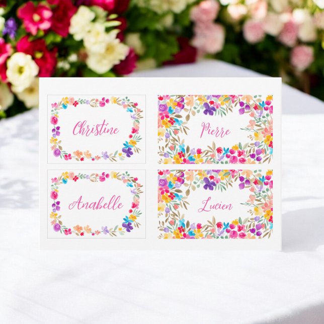 Plantilla de Tarjeta de Asiento de Boda Floral Acu (Boho Watercolor Floral Wedding Place Card Template)