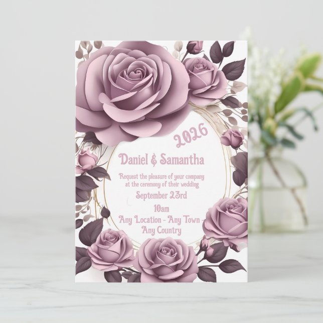 Plantilla de Tarjeta de Boda con Marco de Rosa Ele (Anverso de pie)