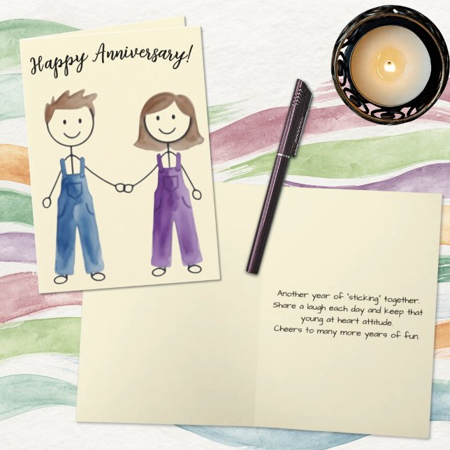 Plantilla de tarjeta de cubierta de pareja de figu (Fun stick figure couple template anniversary card. Cover and inside template text. )