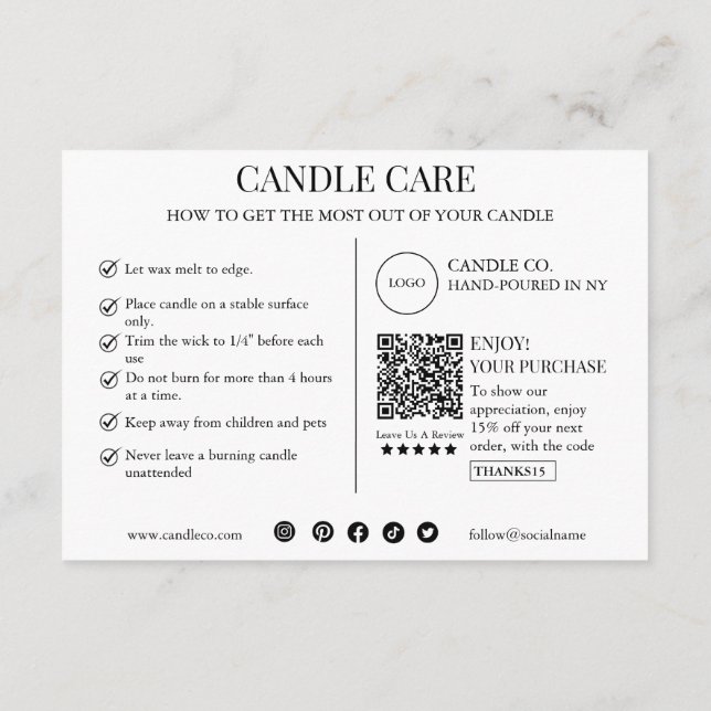Plantilla de tarjeta de cuidado de velas minimalis (Reverso)