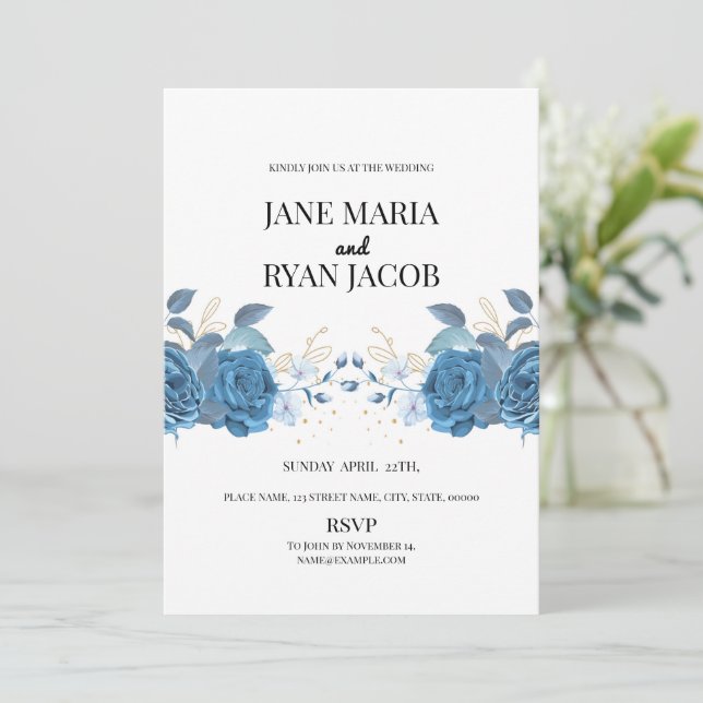 Plantilla de tarjeta de invitación floral azul (Anverso de pie)