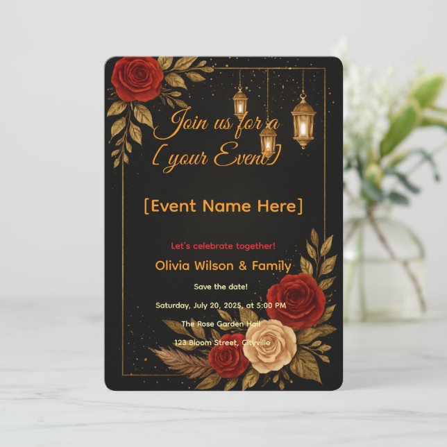 Plantilla de Tarjeta de Invitación Lujo Negro Oro  (Anverso de pie)