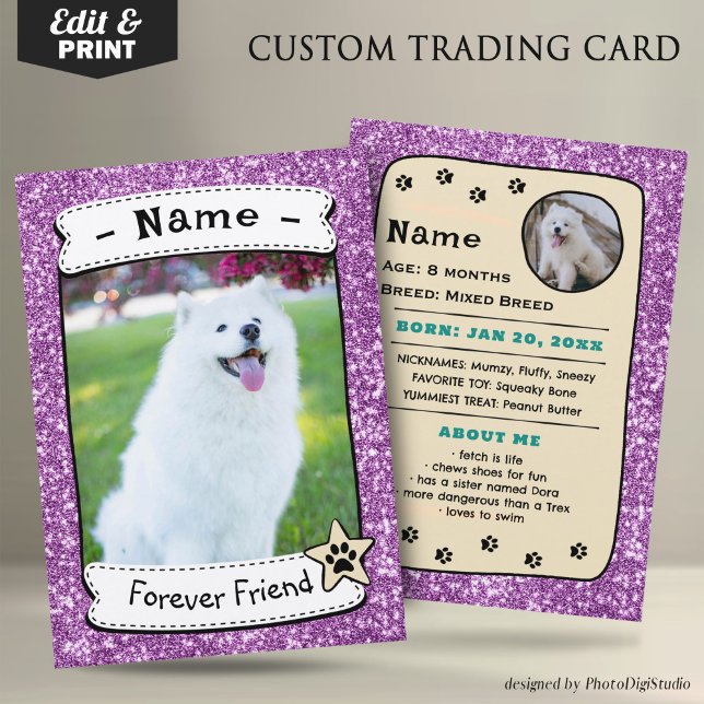 Plantilla de tarjeta de Mascota de venta de tarjet (Glitter Pink Pet Trading Card Dog Trading Card Therapy Dog)