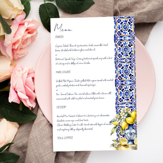 plantilla de tarjeta de menú de limón de azulejos  (Amalfi Italian blue tiles lemons menu card template personalized wedding tableware elegant menu card)