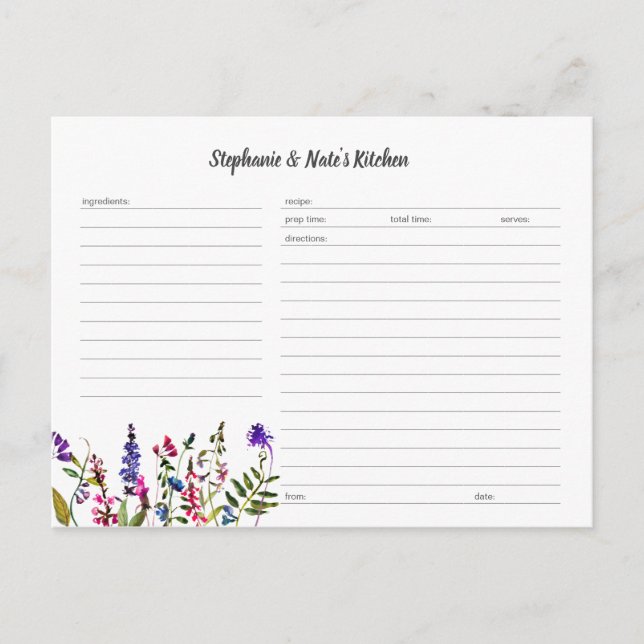 Plantilla de tarjeta de receta de flores silvestre (Anverso)