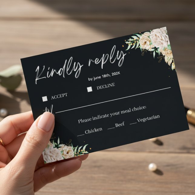 Plantilla de Tarjeta de RSVP de Boda Floral Negra  (Subido por el creador)