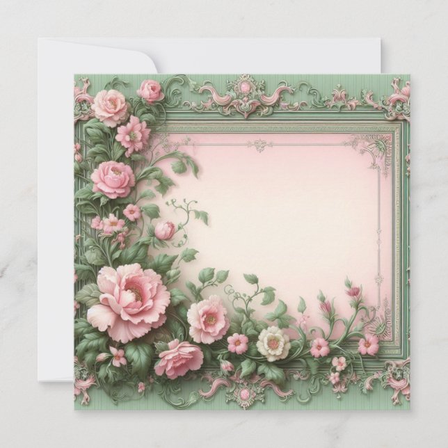 Plantilla de tarjeta floral en blanco y rosa y ver (Anverso)