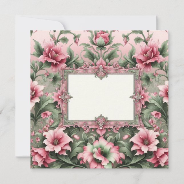 Plantilla de tarjeta floral en blanco y rosa y ver (Anverso)