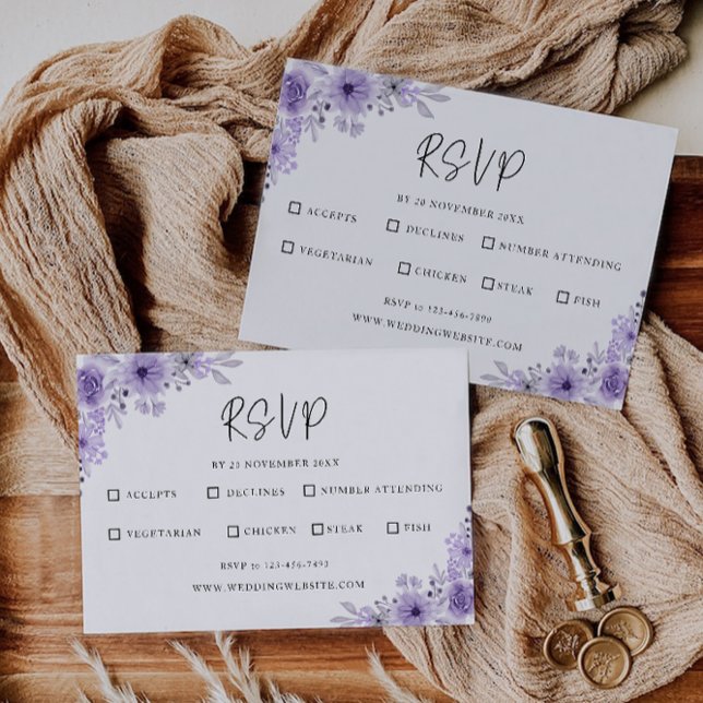 Plantilla de tarjeta RSVP de boda púrpura (Purple Wedding RSVP Card Template)
