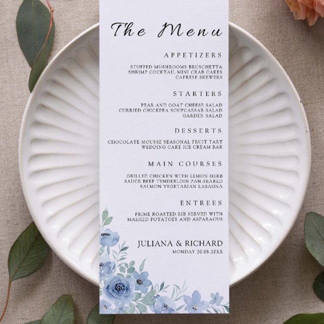 Plantilla de tarjetas de menú Boda azul (Blue Wedding Menu Cards Template)