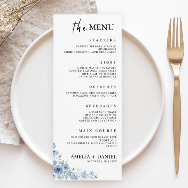 Plantilla de tarjetas de menú Boda azul (Blue Wedding Menu Cards Template)