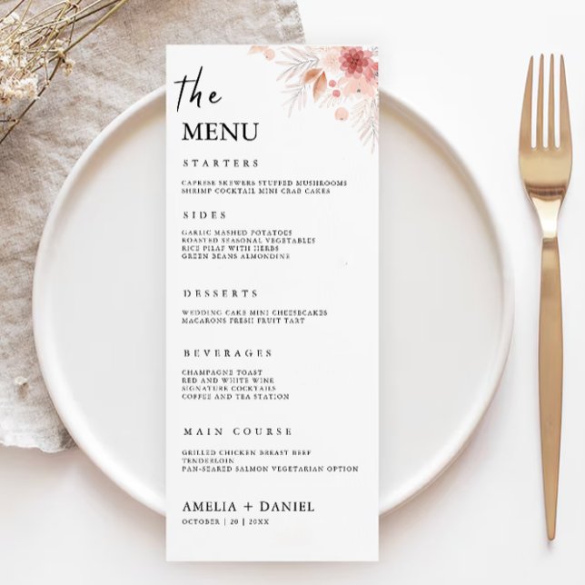 Plantilla de tarjetas de menú Boda de flores silve (Wildflower Wedding Menu Cards Template)