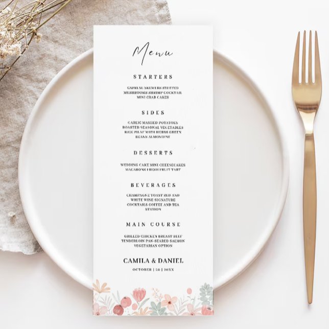 Plantilla de tarjetas de menú Boda de flores silve (Wildflower Wedding Menu Cards Template)
