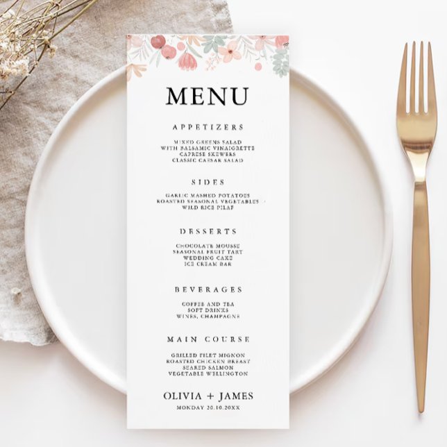 Plantilla de tarjetas de menú Boda de flores silve (Wildflower Wedding Menu Cards Template)