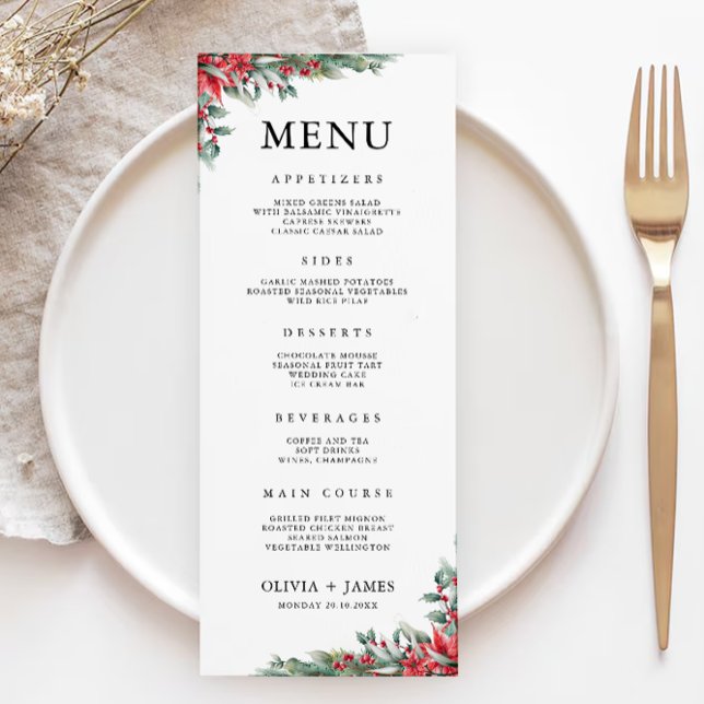 Plantilla de tarjetas de menú Boda de navidades (Christmas Wedding Menu Cards Template)