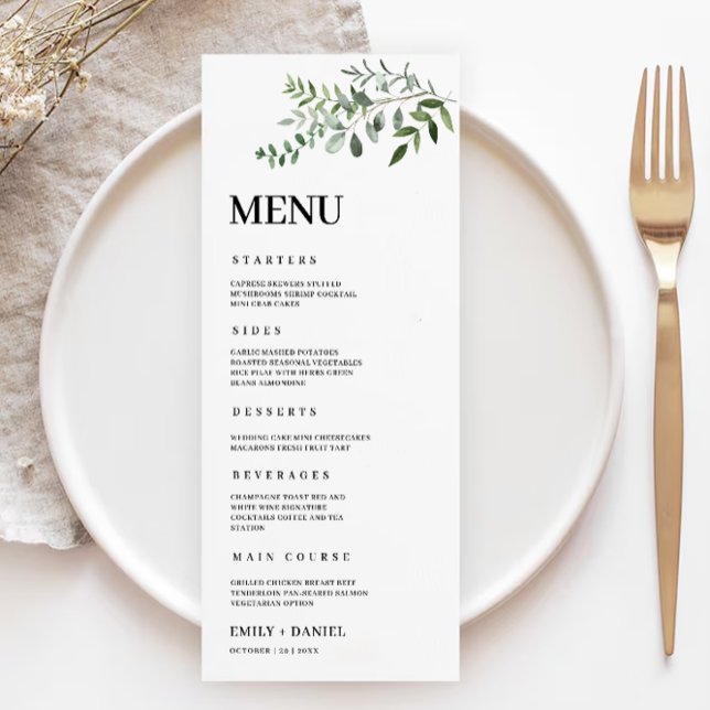 Plantilla de tarjetas de menú Boda de verde (Greenery Wedding Menu Cards Template)