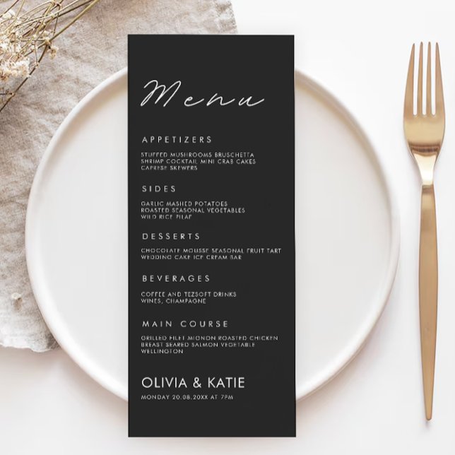Plantilla de tarjetas de menú Boda negro (Black Wedding Menu Cards Template)
