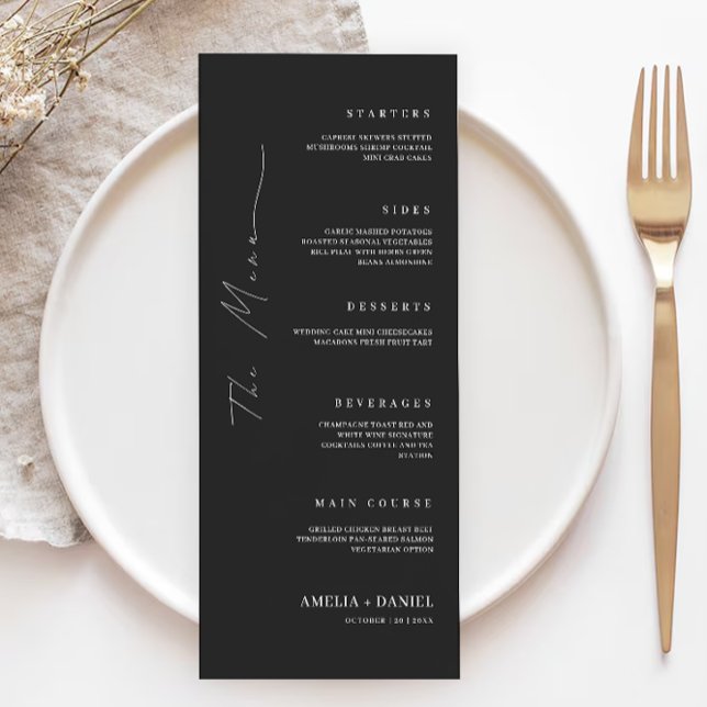 Plantilla de tarjetas de menú Boda negro (Black Wedding Menu Cards Template)