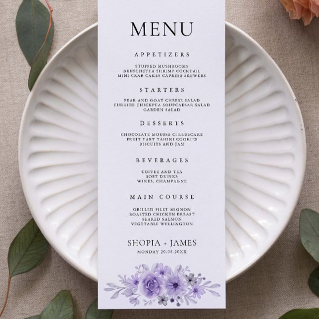 Plantilla de tarjetas de menú Boda púrpura (Purple Wedding Menu Cards Template)