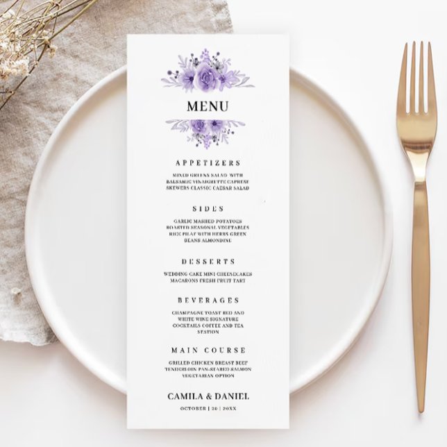 Plantilla de tarjetas de menú Boda púrpura (Purple Wedding Menu Cards Template)