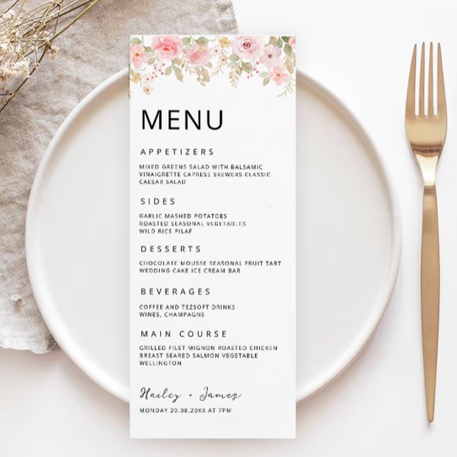 Plantilla de tarjetas de menú Boda Rosa (Rose Wedding Menu Cards Template)