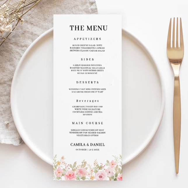 Plantilla de tarjetas de menú Boda Rosa (Rose Wedding Menu Cards Template)