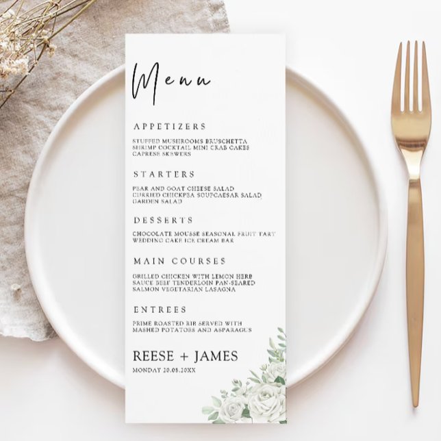 Plantilla de tarjetas de menú de Boda verde esmera (Emerald Green Wedding Menu Cards Template)