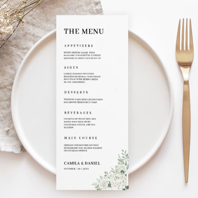 Plantilla de tarjetas de menú de Boda verde esmera (Emerald Green Wedding Menu Cards Template)