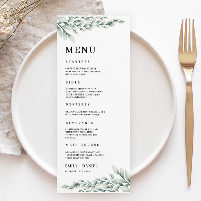 Plantilla de tarjetas de menú de Boda verde esmera (Emerald Green Wedding Menu Cards Template)