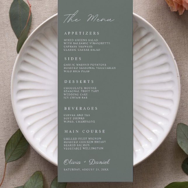 Plantilla de tarjetas de menú de Boda verde sabio (Sage Green Wedding Menu Cards Template)