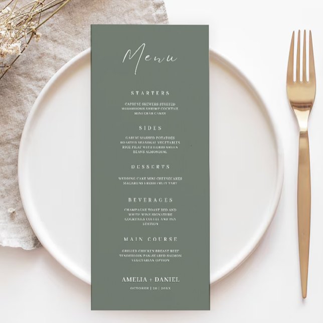 Plantilla de tarjetas de menú de Boda verde sabio (Sage Green Wedding Menu Cards Template)