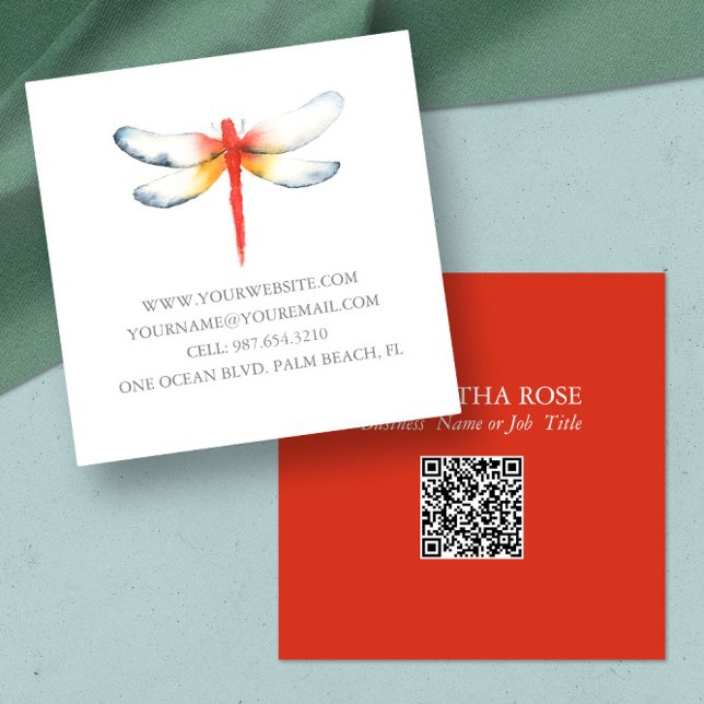 Plantilla de tarjetas de trabajo Watercolor Red Dr (Red dragonfly business cards feature unique watercolor art by Victoria Grigaliunas, Do Tell A Belle)