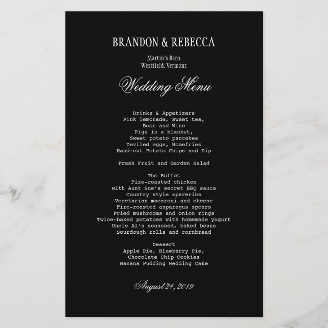 Plantilla de texto blanco del menú Boda negro (Anverso)