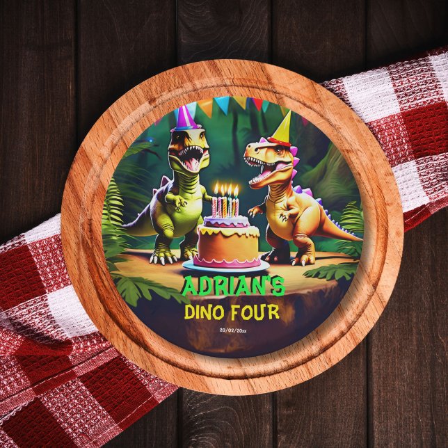 Plantilla de vajilla de cumpleaños de Dino cuatro  (Dino four dinosaur birthday tableware personalized template paper plates t-rex party plates)