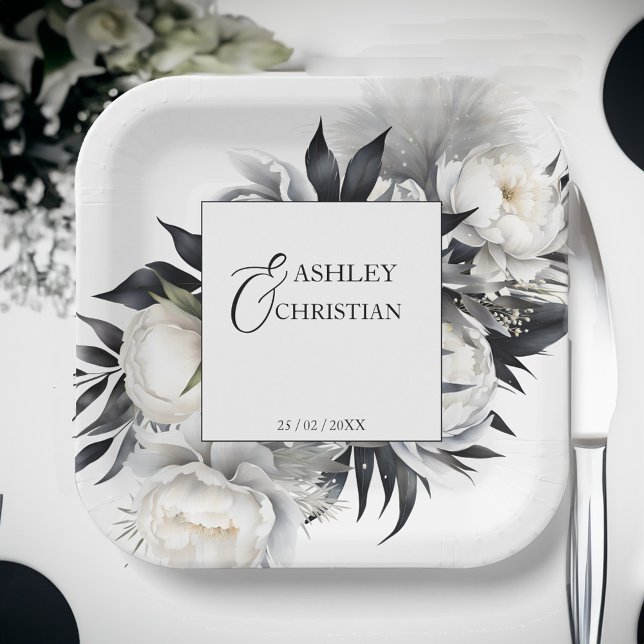Plantilla de vajilla para bodas de boho en blanco  (Black and white boho wedding personalized tableware template paper plates elegant white peonies)