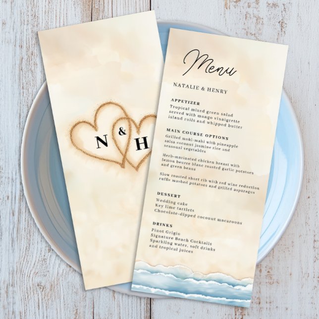 Plantilla del menú de bodas de playa con océano ac (Beach Wedding Menu)